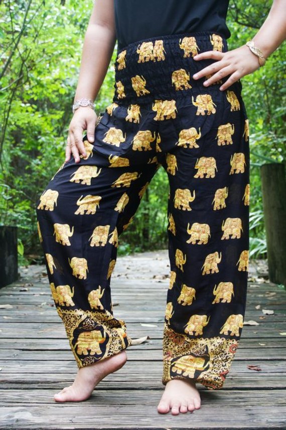 Black Elephant Boho Pants for women, featuring a loose fit, elastic waist, and vibrant patterns, perfect for yoga and casual wear.