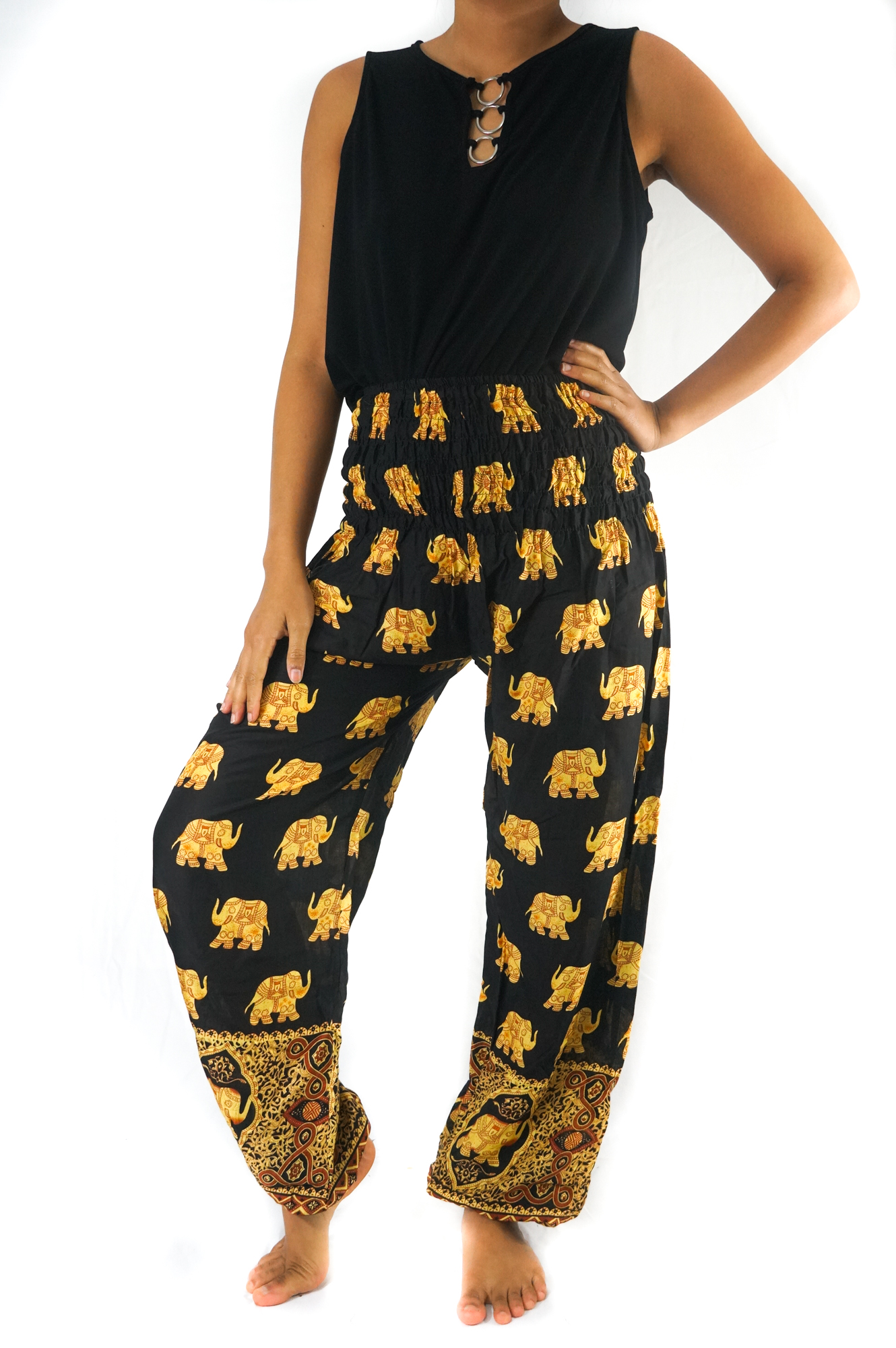 Black Elephant Boho Pants for women, featuring a loose fit, elastic waist, and vibrant patterns, perfect for yoga and casual wear.