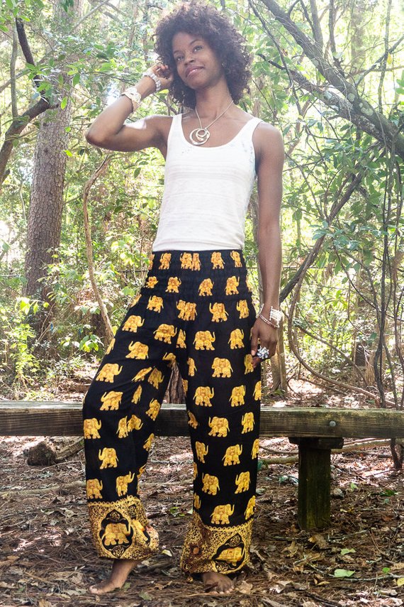 Black Elephant Boho Pants for women, featuring a loose fit, elastic waist, and vibrant patterns, perfect for yoga and casual wear.
