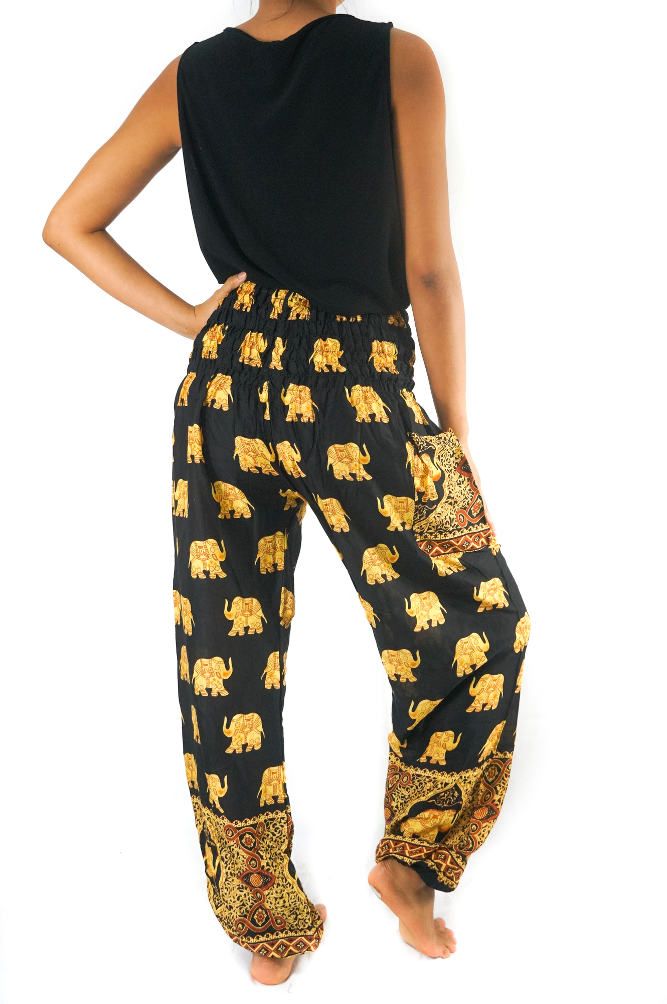 Black Elephant Boho Pants for women, featuring a loose fit, elastic waist, and vibrant patterns, perfect for yoga and casual wear.