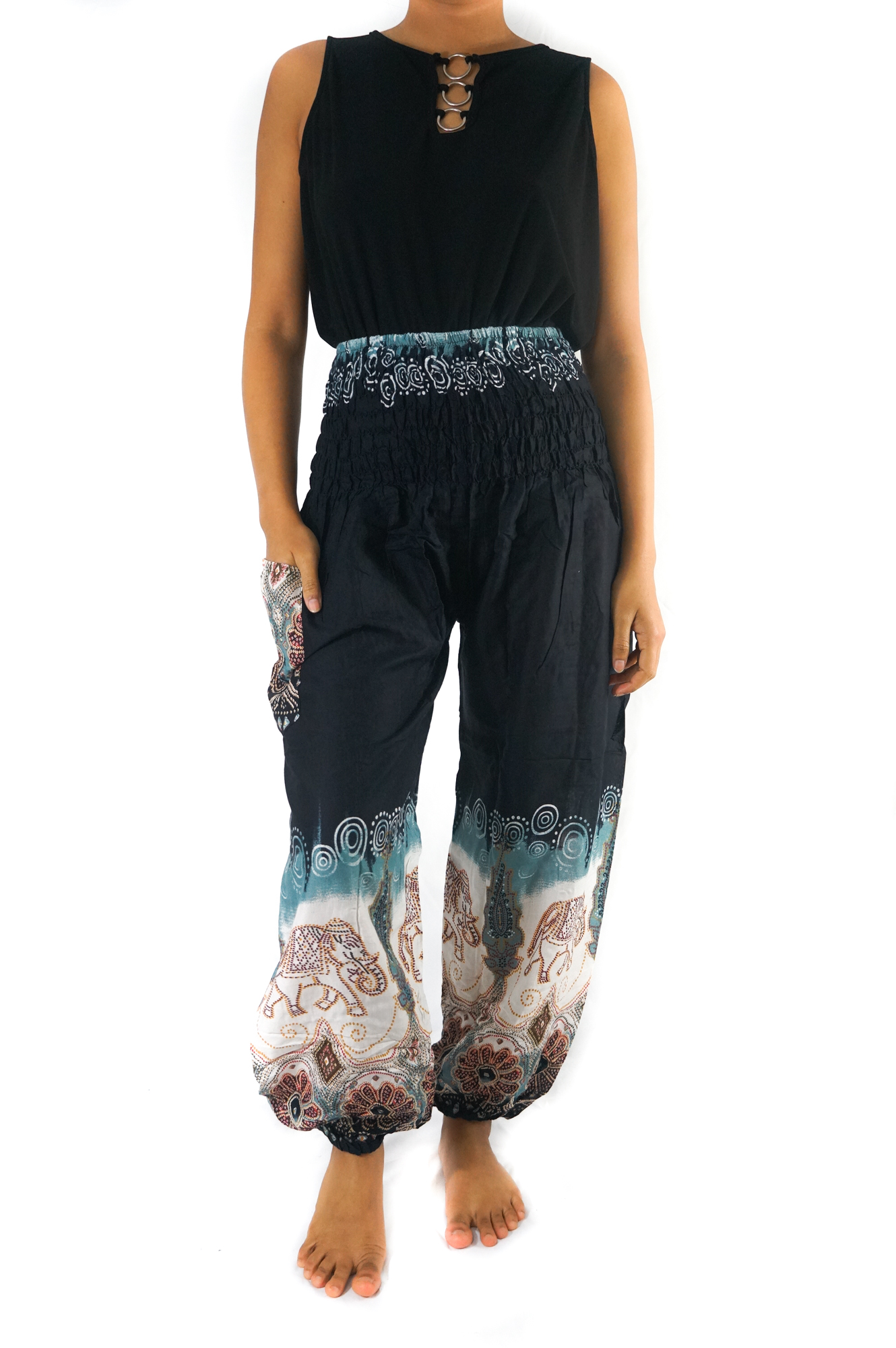 Black ELEPHANT Women Boho Pants made of 100% rayon, featuring an elastic waist and ankle, one side pocket, and vibrant bohemian patterns.