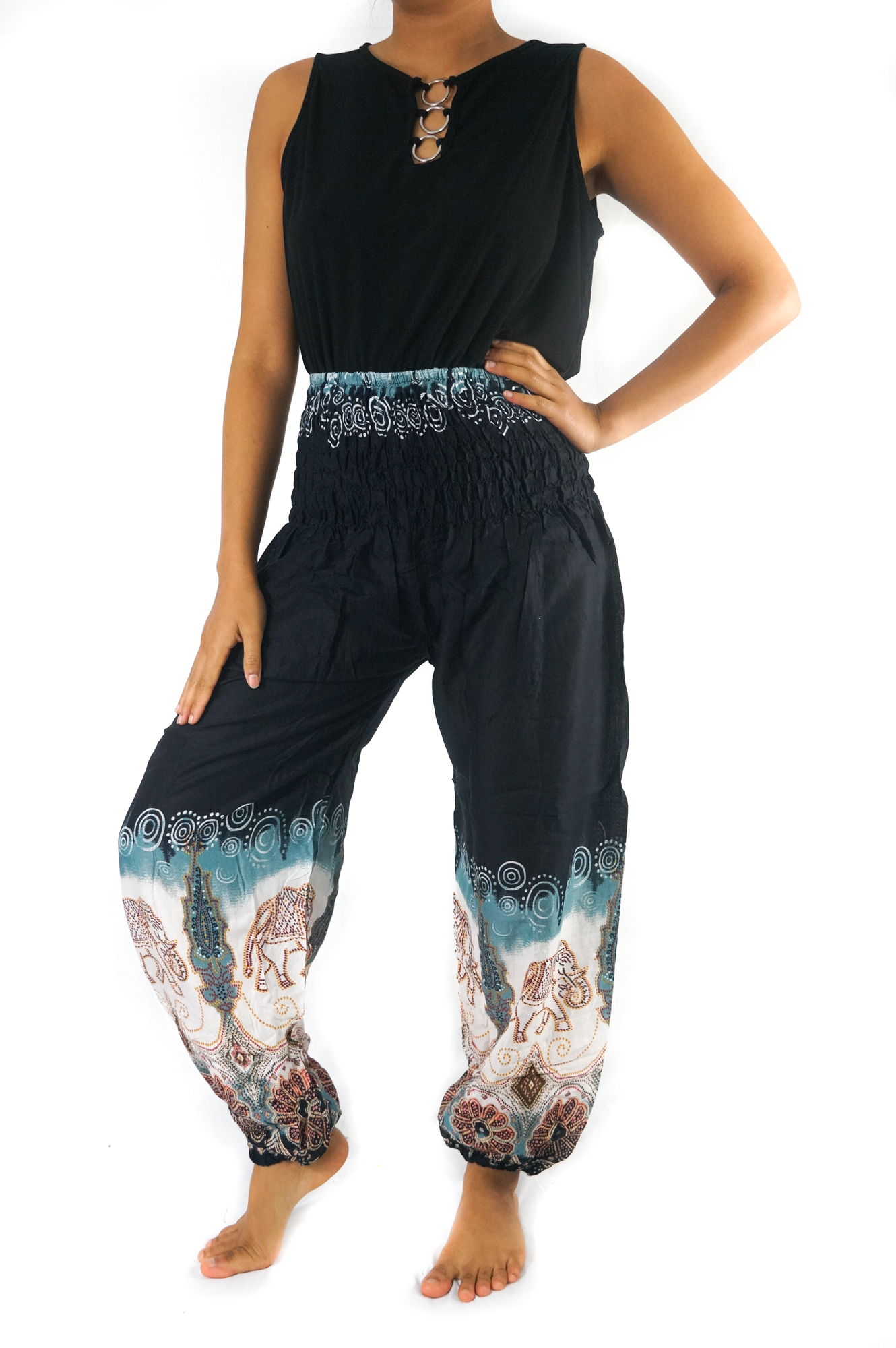 Black ELEPHANT Women Boho Pants made of 100% rayon, featuring an elastic waist and ankle, one side pocket, and vibrant bohemian patterns.