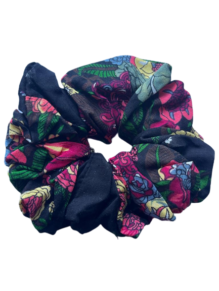 Black floral print hair scrunchie ties made from soft Rayon fabric, featuring an elasticated core for a secure fit.