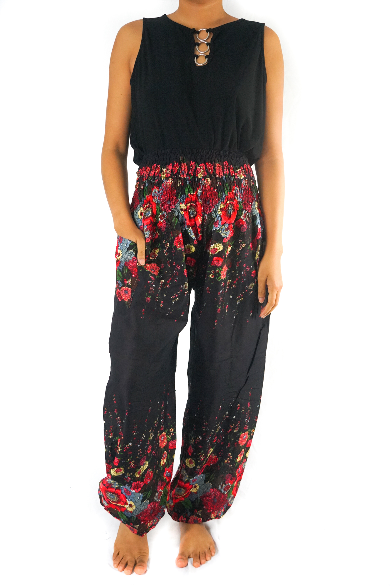Black floral boho pants for women, featuring an elastic waist and ankle, made from breathable rayon fabric, perfect for yoga and casual wear.