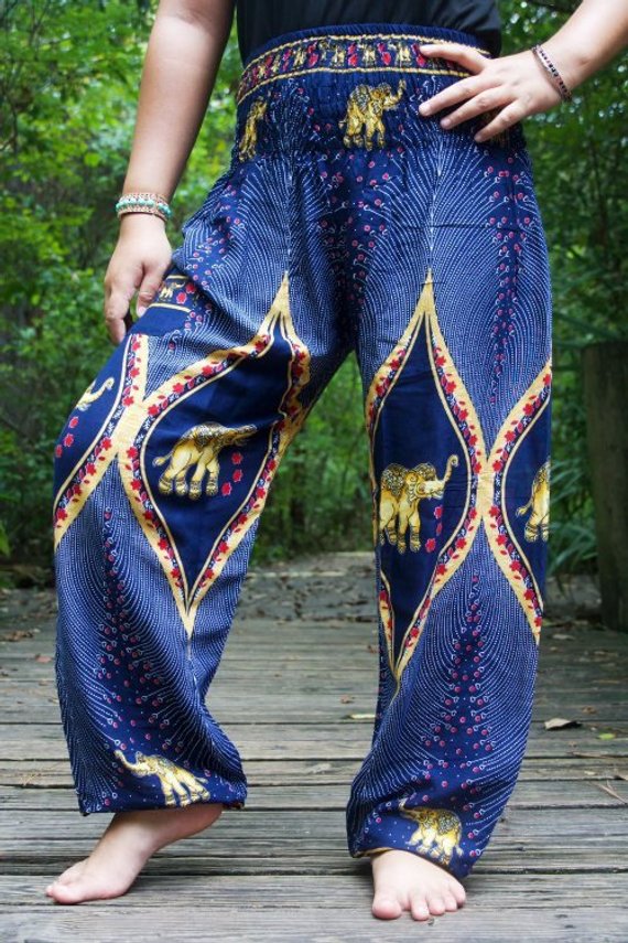 Blue Elephant Boho Pants for women, featuring vibrant patterns and an elastic waist for comfort and style.