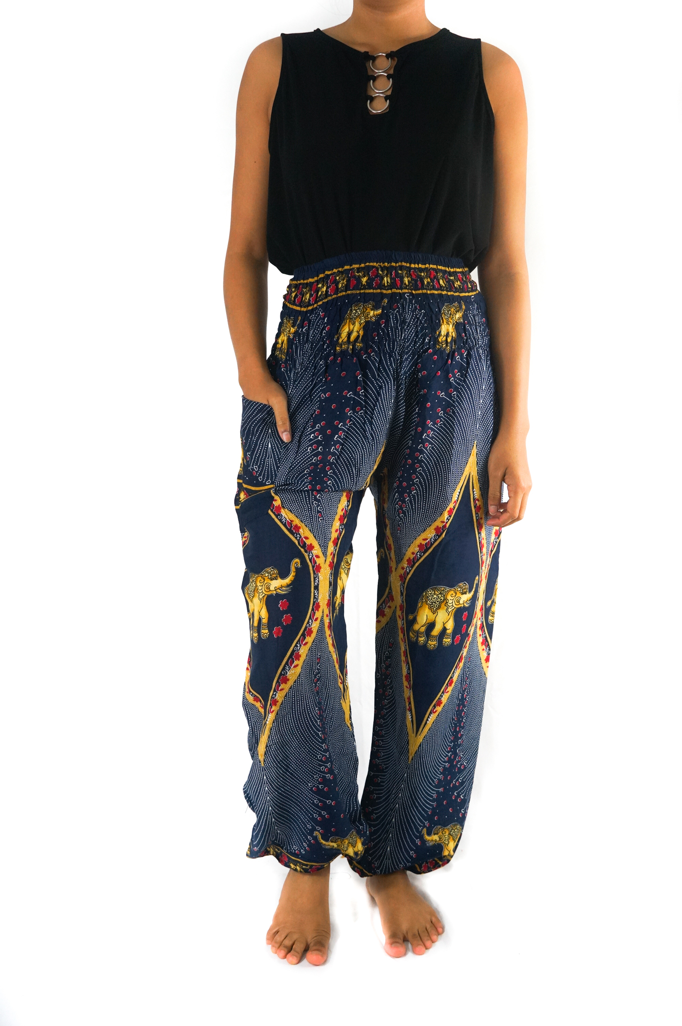 Blue Elephant Boho Pants for women, featuring vibrant patterns and an elastic waist for comfort and style.