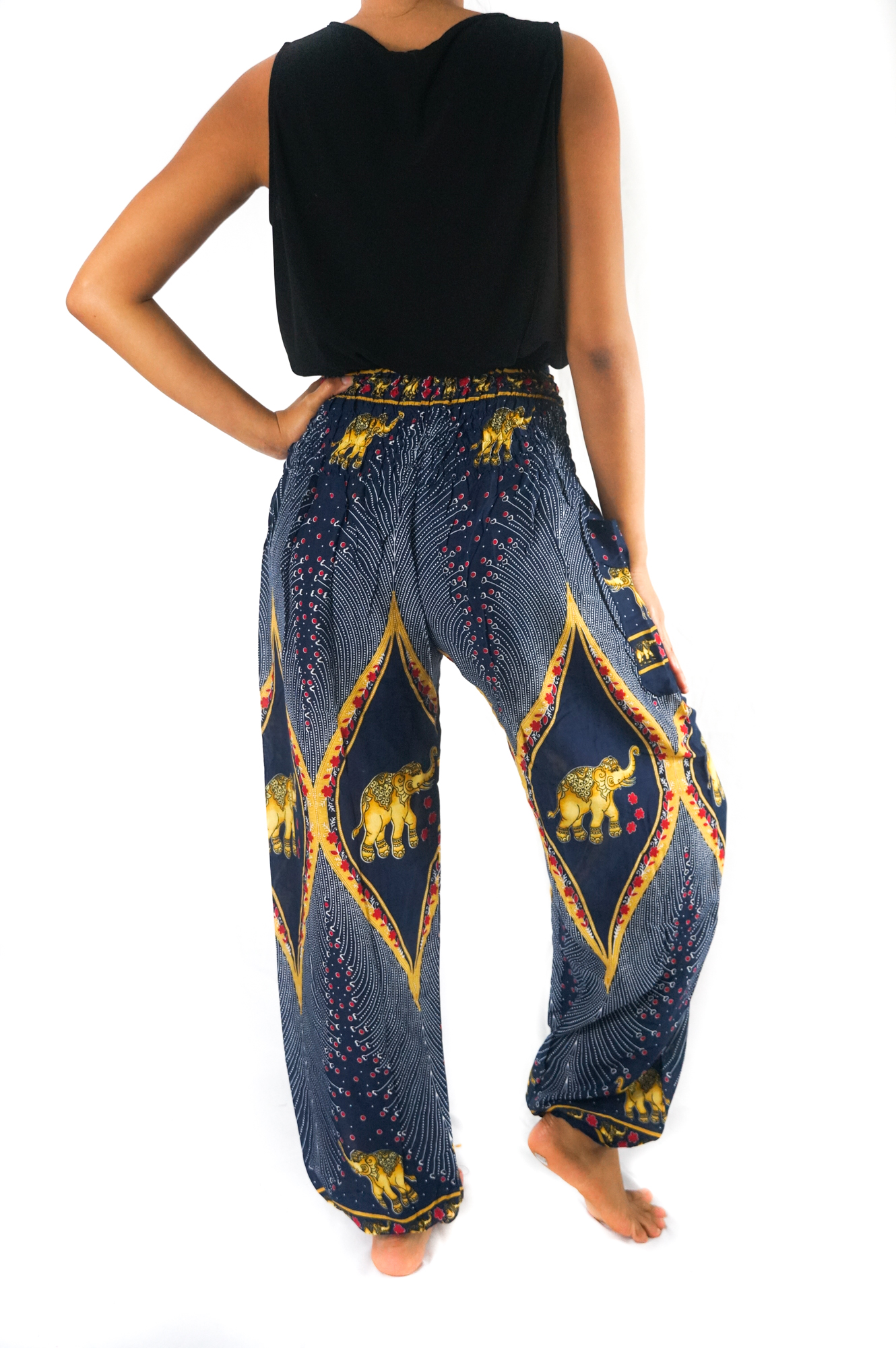 Blue Elephant Boho Pants for women, featuring vibrant patterns and an elastic waist for comfort and style.