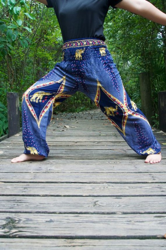 Blue Elephant Boho Pants for women, featuring vibrant patterns and an elastic waist for comfort and style.