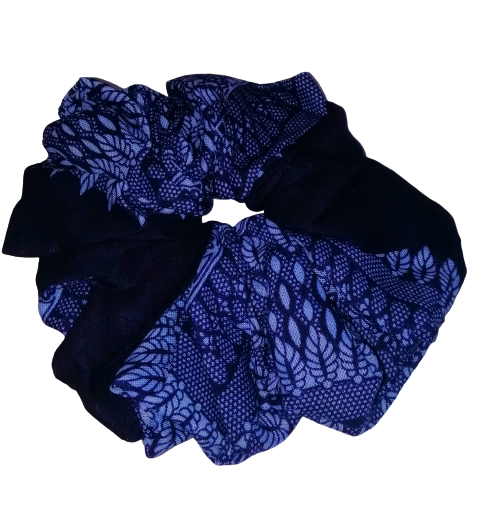 Blue Fern Hair Scrunchie Ties made from soft Rayon fabric, featuring a vibrant fern print and elasticated core for comfortable wear.