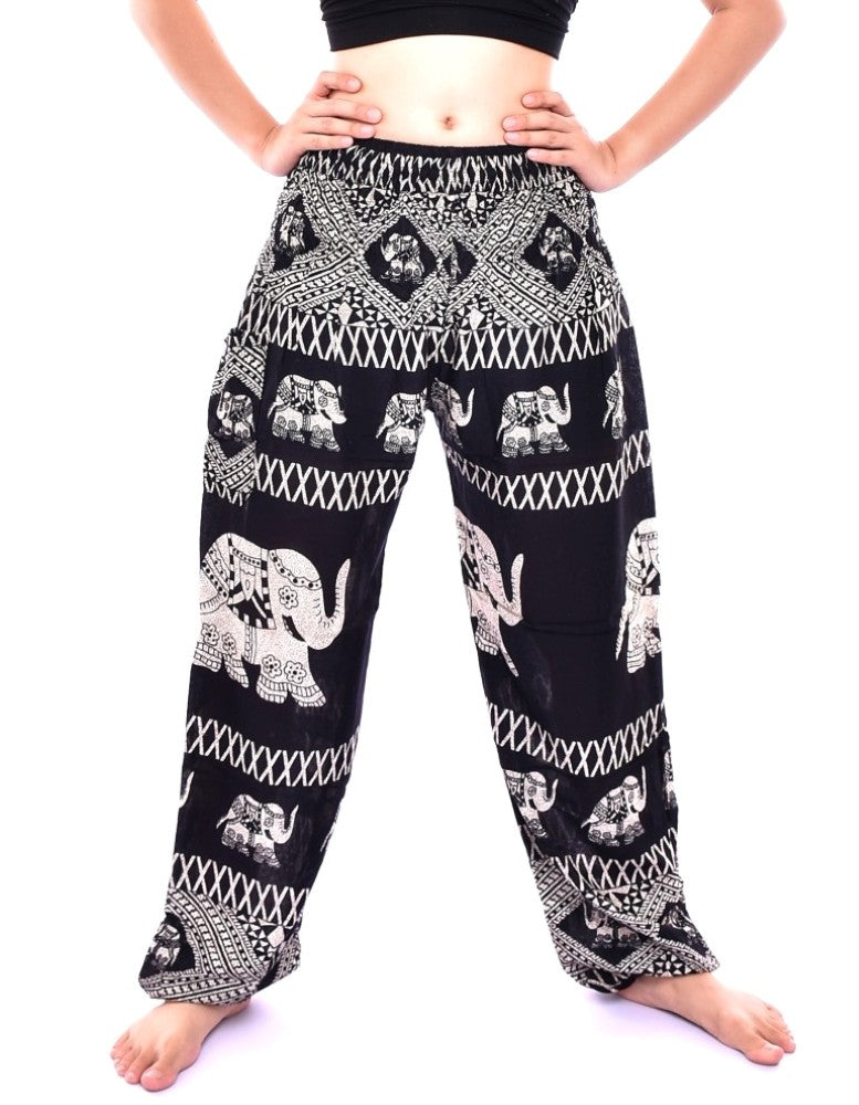 Bohotusk Black Elephant Bull Print Women's Trousers with elasticated smocked waist, showcasing vibrant colors and lightweight fabric.