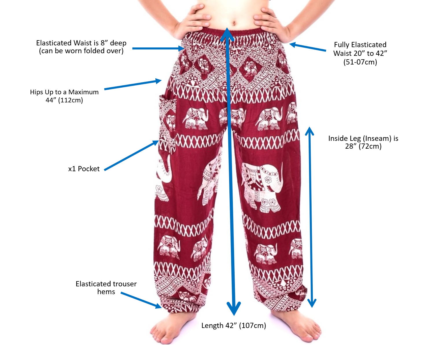 Bohotusk Black Elephant Herd Print Women's Trousers with elasticated smocked waist, showcasing vibrant colors and unique elephant design.