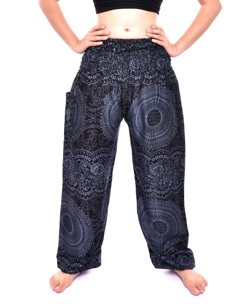 Bohotusk Black Night Glow Elasticated Smocked Waist Women's Harem Pants showcasing a comfortable design with an elasticated waist and soft rayon fabric.