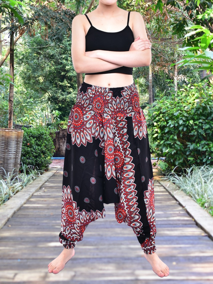 Bohotusk Black Thai Flower Low Crotch Harem Pants showcasing a unique design with elasticated waist and ankles, perfect for comfort and style.