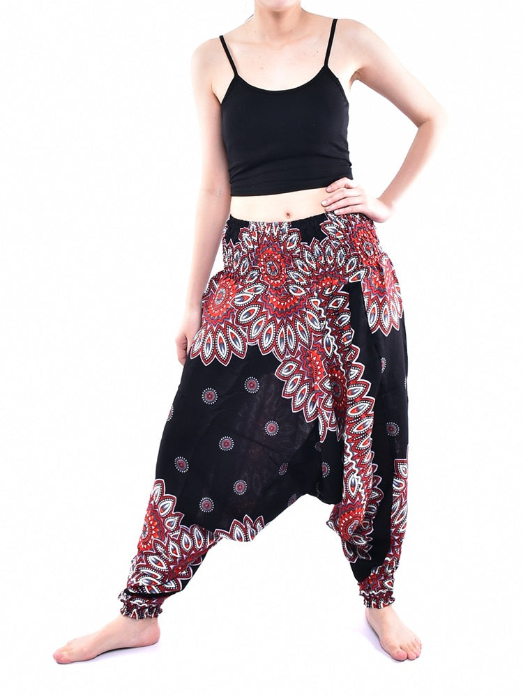 Bohotusk Black Thai Flower Low Crotch Harem Pants showcasing a unique design with elasticated waist and ankles, perfect for comfort and style.