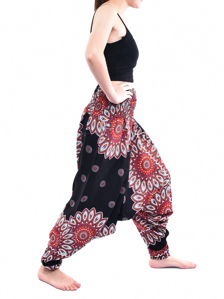Bohotusk Black Thai Flower Low Crotch Harem Pants showcasing a unique design with elasticated waist and ankles, perfect for comfort and style.