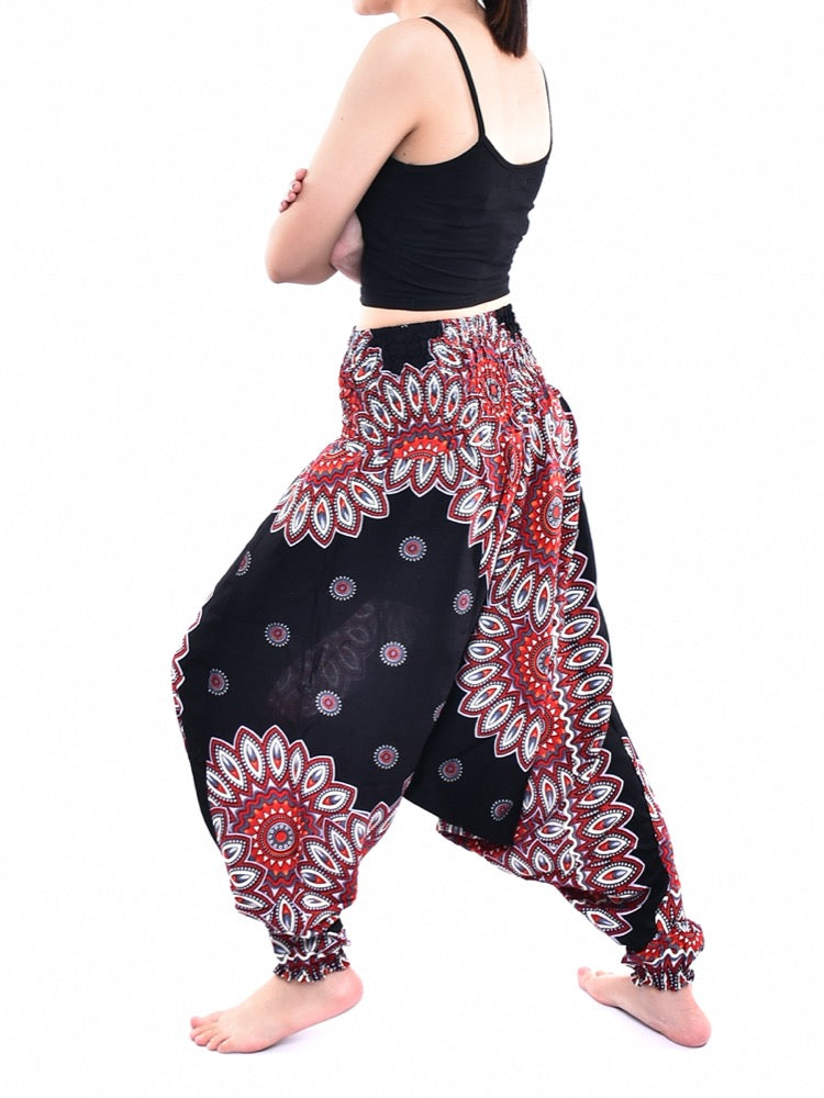 Bohotusk Black Thai Flower Low Crotch Harem Pants showcasing a unique design with elasticated waist and ankles, perfect for comfort and style.