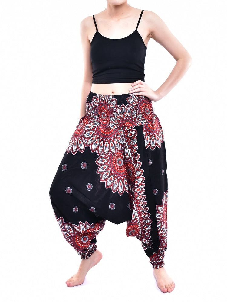 Bohotusk Black Thai Flower Low Crotch Harem Pants showcasing a unique design with elasticated waist and ankles, perfect for comfort and style.