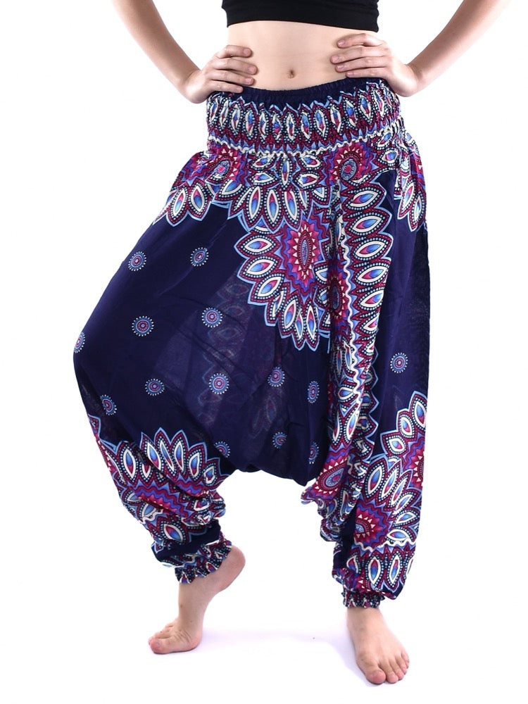 Bohotusk Blue Thai Flower Low Crotch Harem Pants showcasing a vibrant floral pattern, elasticated waist, and deep crotch design.