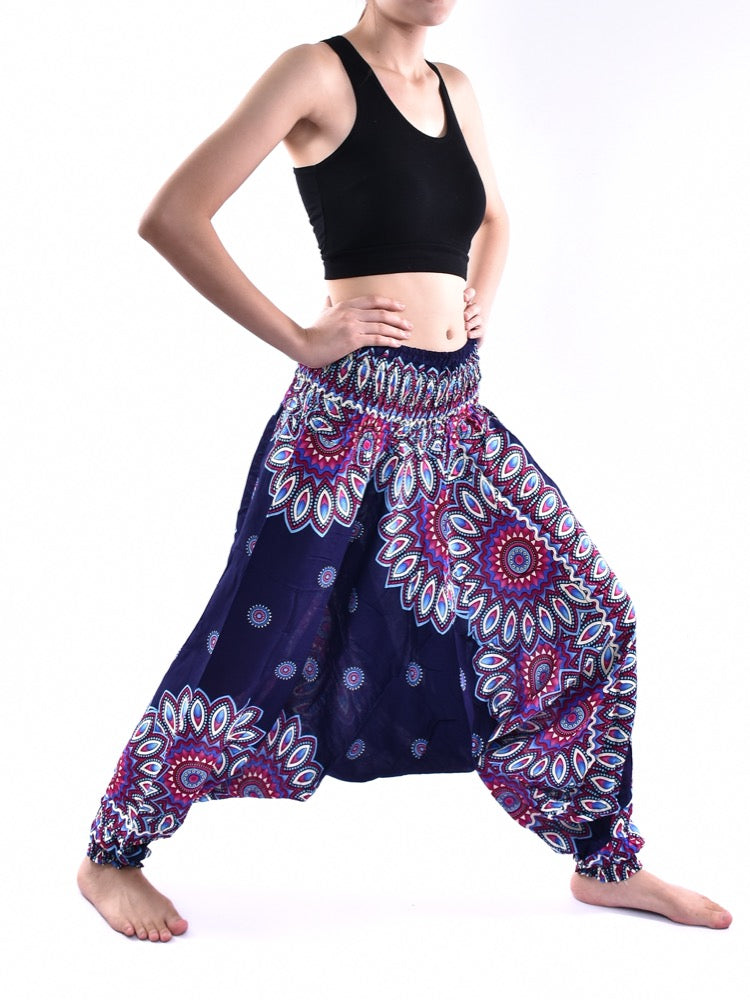 Bohotusk Blue Thai Flower Low Crotch Harem Pants showcasing a vibrant floral pattern, elasticated waist, and deep crotch design.