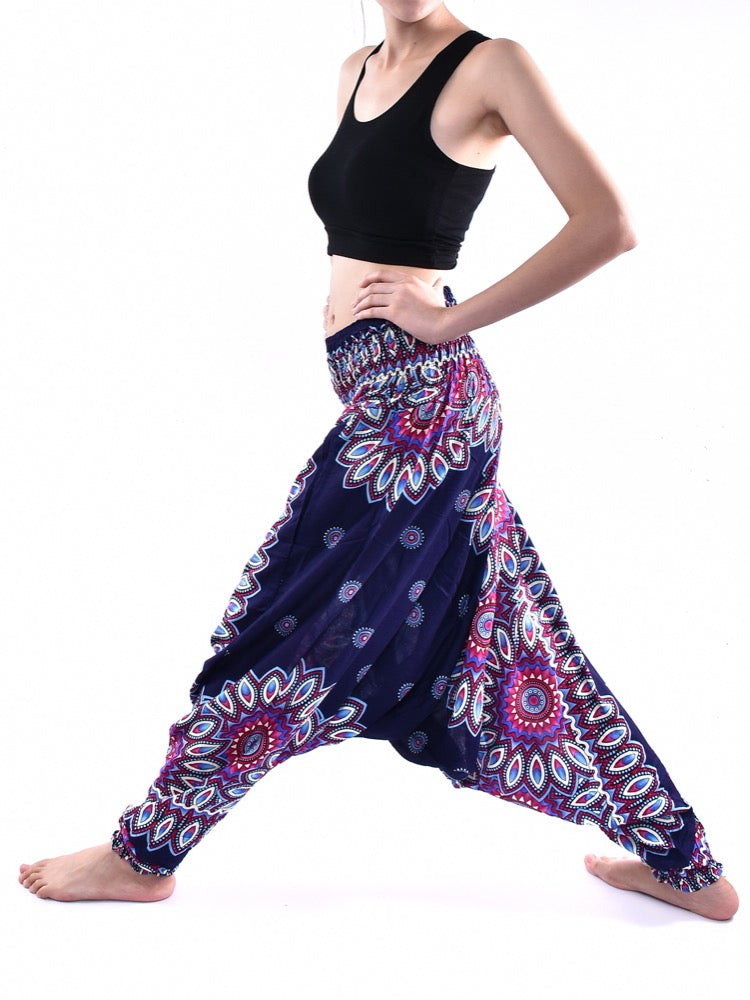 Bohotusk Blue Thai Flower Low Crotch Harem Pants showcasing a vibrant floral pattern, elasticated waist, and deep crotch design.