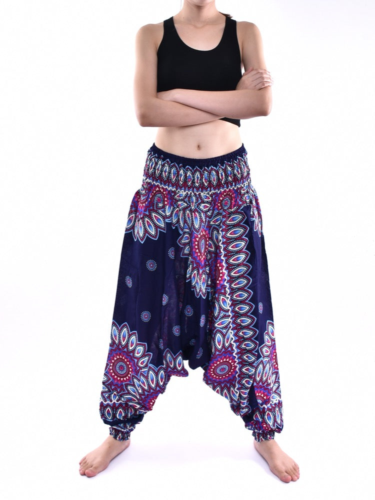 Bohotusk Blue Thai Flower Low Crotch Harem Pants showcasing a vibrant floral pattern, elasticated waist, and deep crotch design.