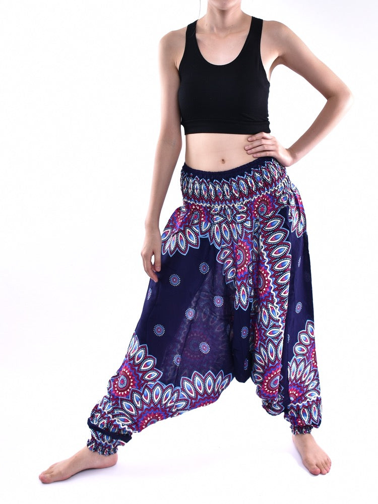 Bohotusk Blue Thai Flower Low Crotch Harem Pants showcasing a vibrant floral pattern, elasticated waist, and deep crotch design.