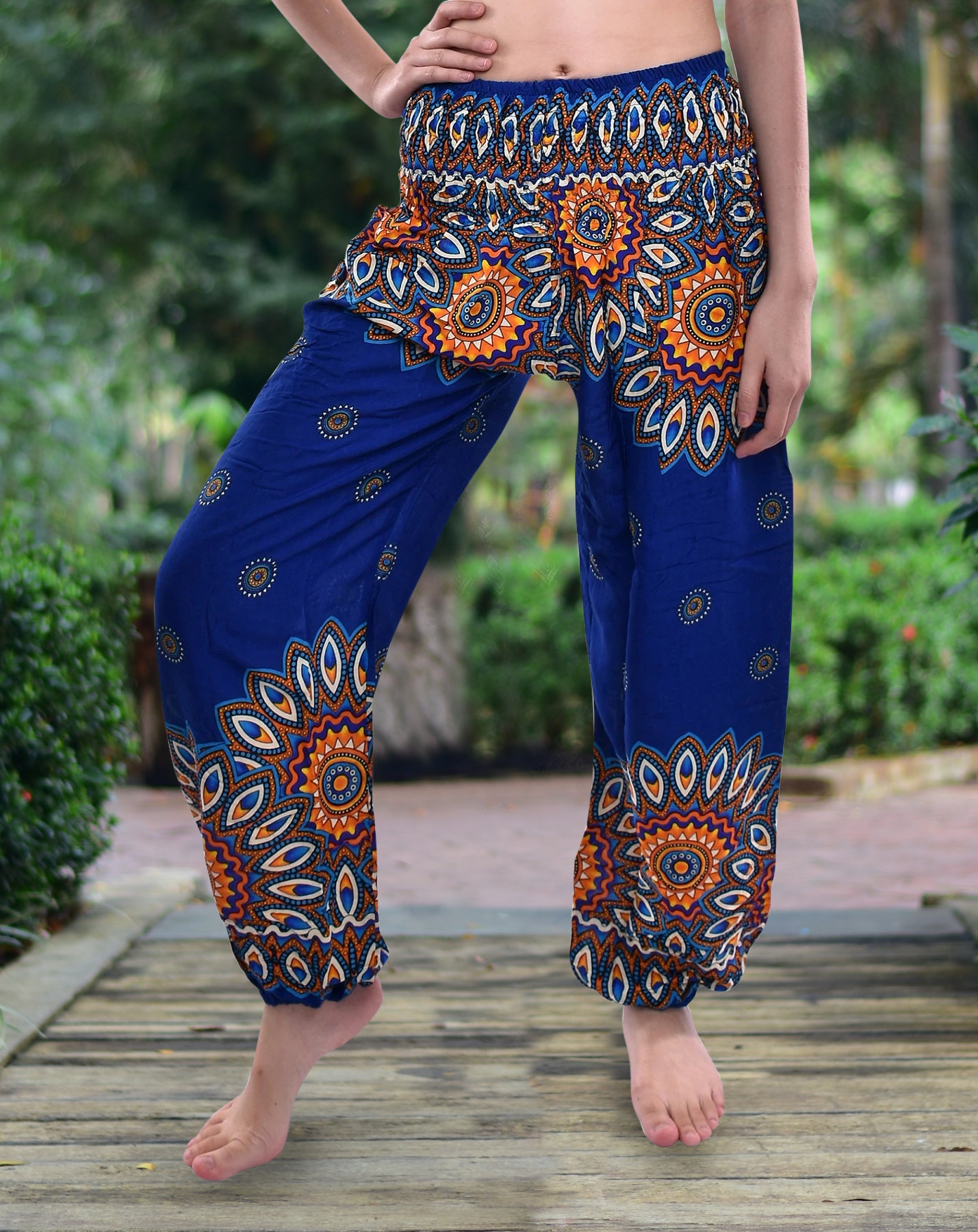 Bohotusk Blue Thai Flower Print Harem Pants featuring an elasticated smocked waist, perfect for comfort and style.