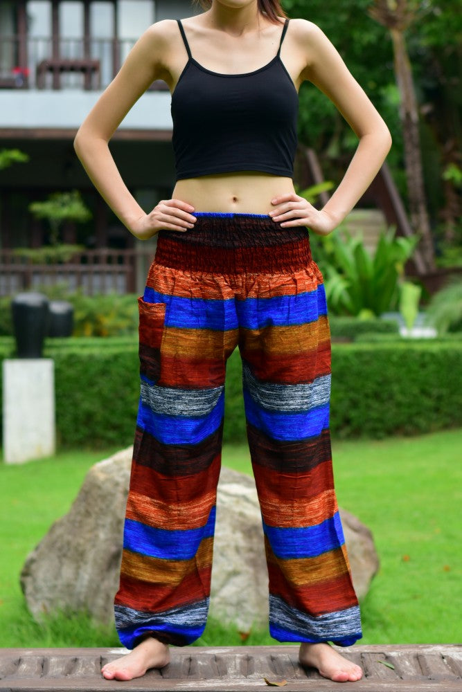 Bohotusk Brown Multi Stripe Print Women's Trousers with elasticated smocked waist, showcasing a stylish design and comfortable fit.