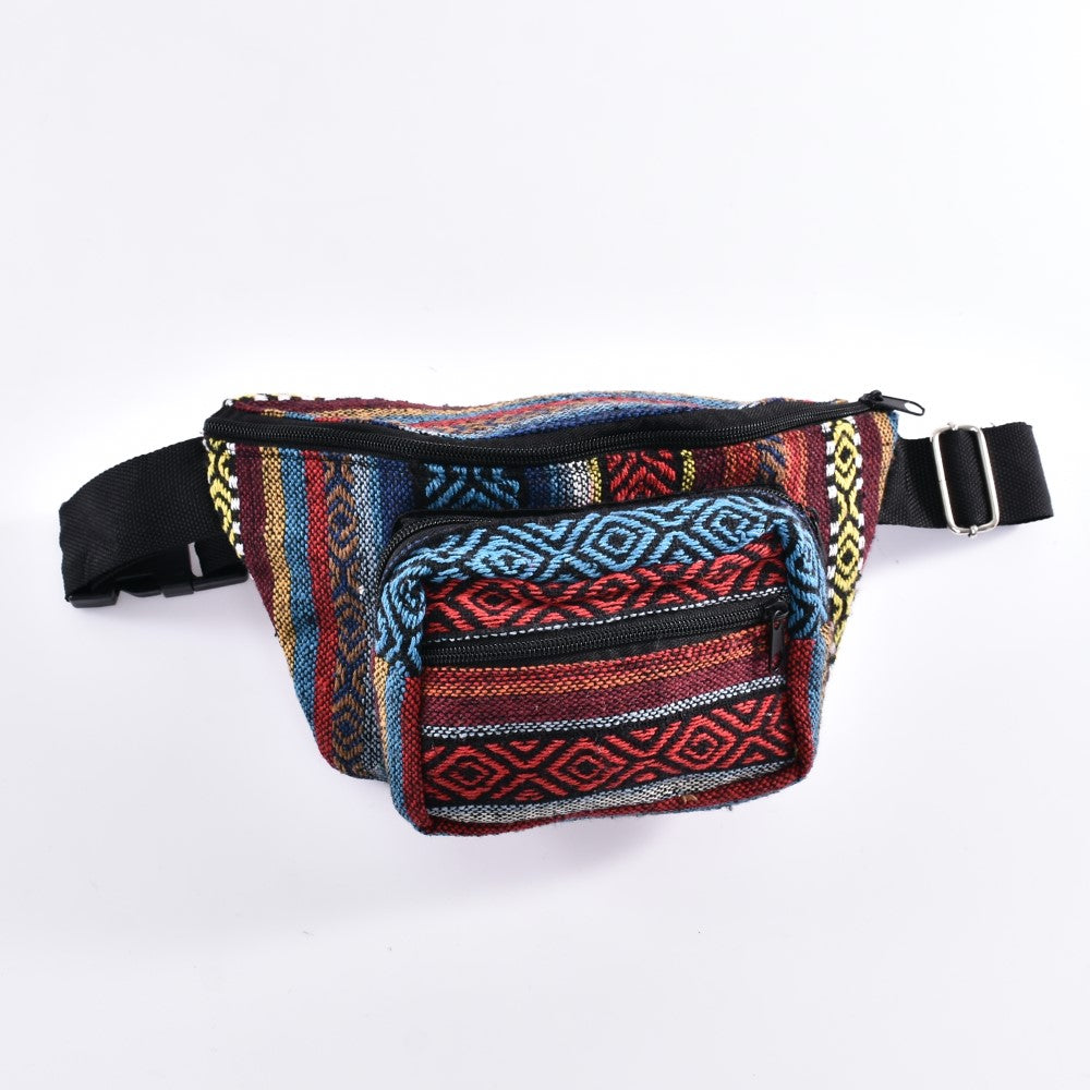 Bohotusk Check Print Cotton Bum Bag in stylish design, featuring multiple zip pockets and adjustable waistband for travel and outdoor activities.
