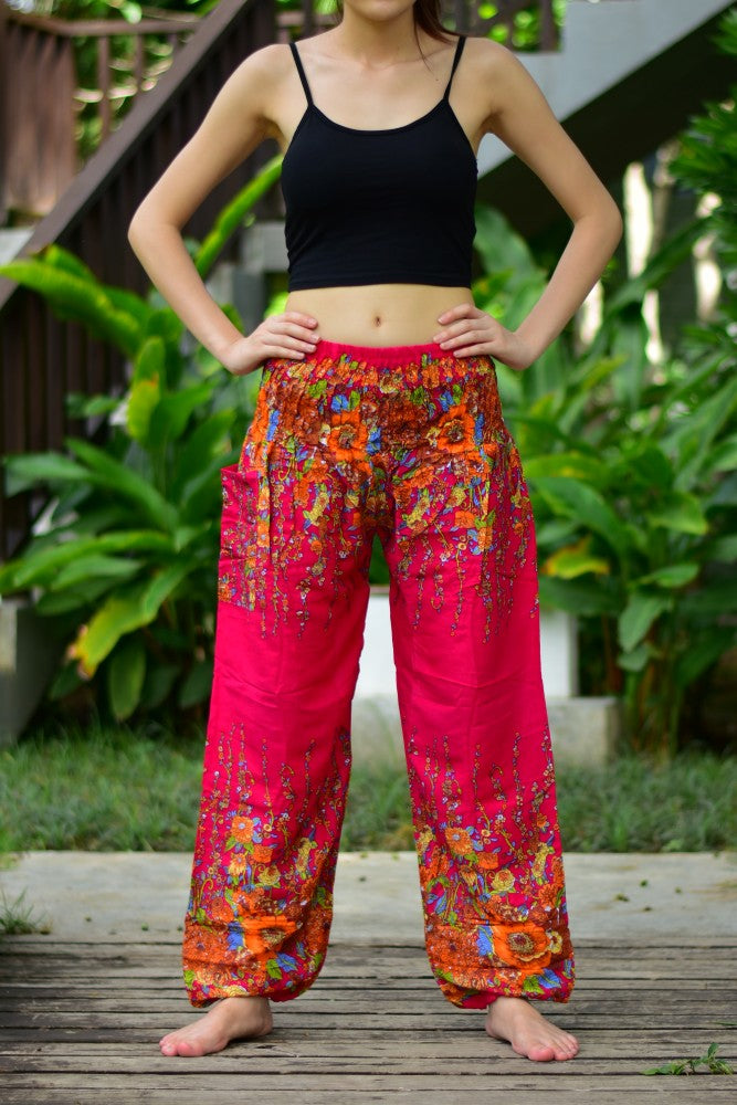 Bohotusk Dark Red Floral Print Harem Pants featuring an elasticated smocked waist, made from soft rayon, ideal for comfort and style.