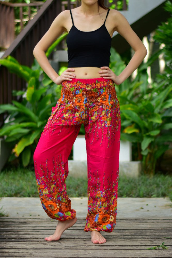Bohotusk Dark Red Floral Print Harem Pants featuring an elasticated smocked waist, made from soft rayon, ideal for comfort and style.