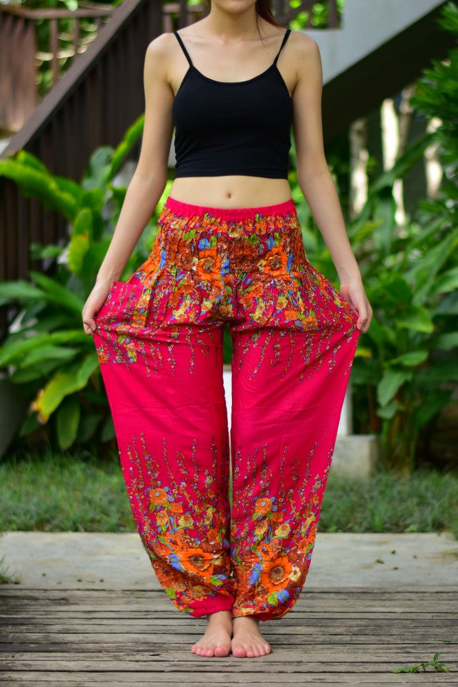 Bohotusk Dark Red Floral Print Harem Pants featuring an elasticated smocked waist, made from soft rayon, ideal for comfort and style.