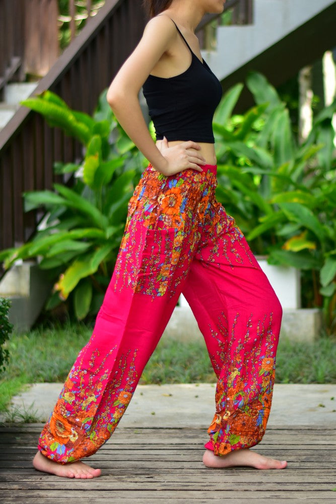 Bohotusk Dark Red Floral Print Harem Pants featuring an elasticated smocked waist, made from soft rayon, ideal for comfort and style.