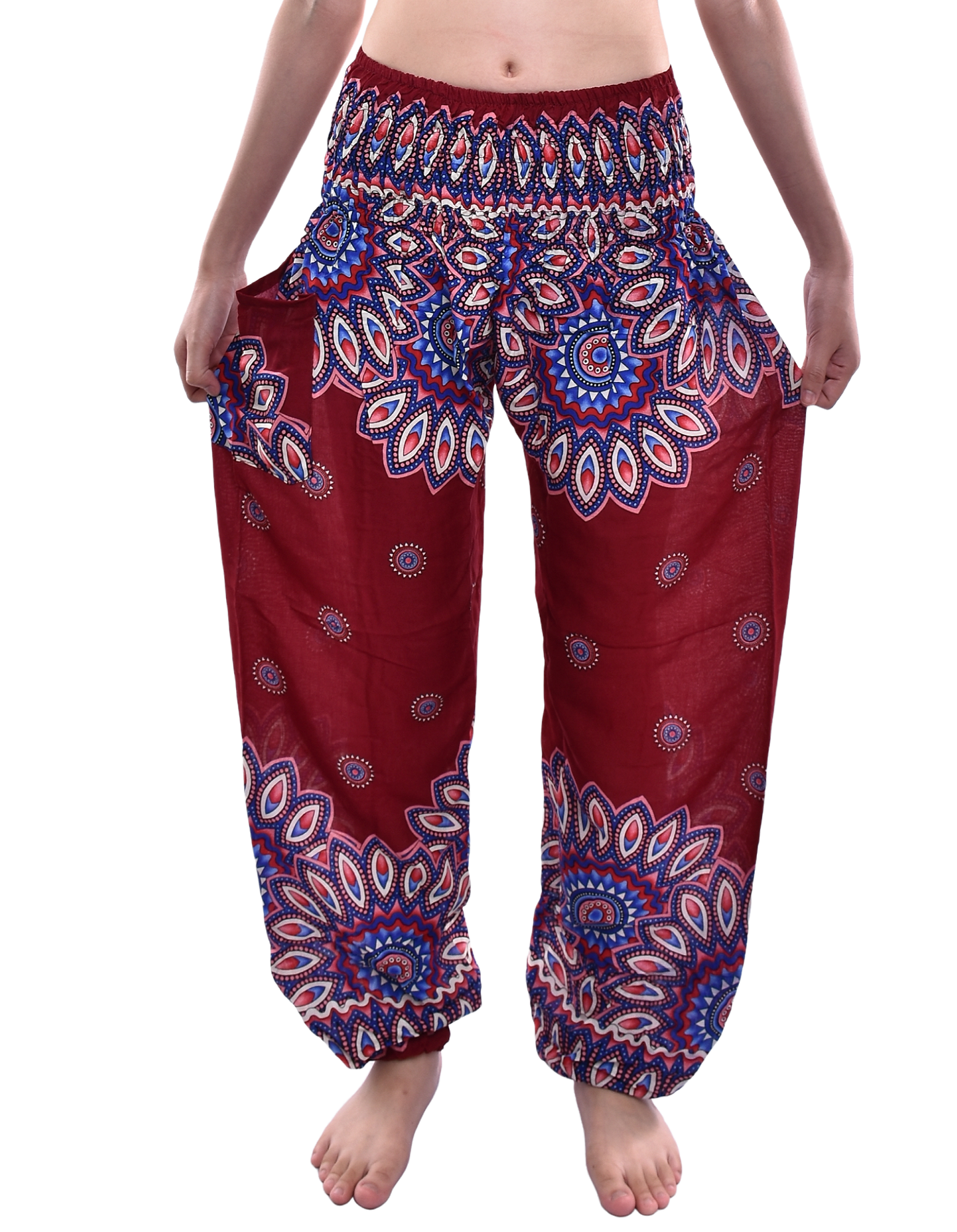 Bohotusk Dark Red Thai Flower Print Women's Trousers with elasticated smocked waist, showcasing vibrant floral patterns and lightweight fabric.