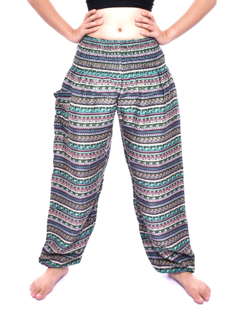 Bohotusk Green Chill Stripe Print Women's Trousers with elasticated smocked waist, showcasing vibrant colors and lightweight fabric.