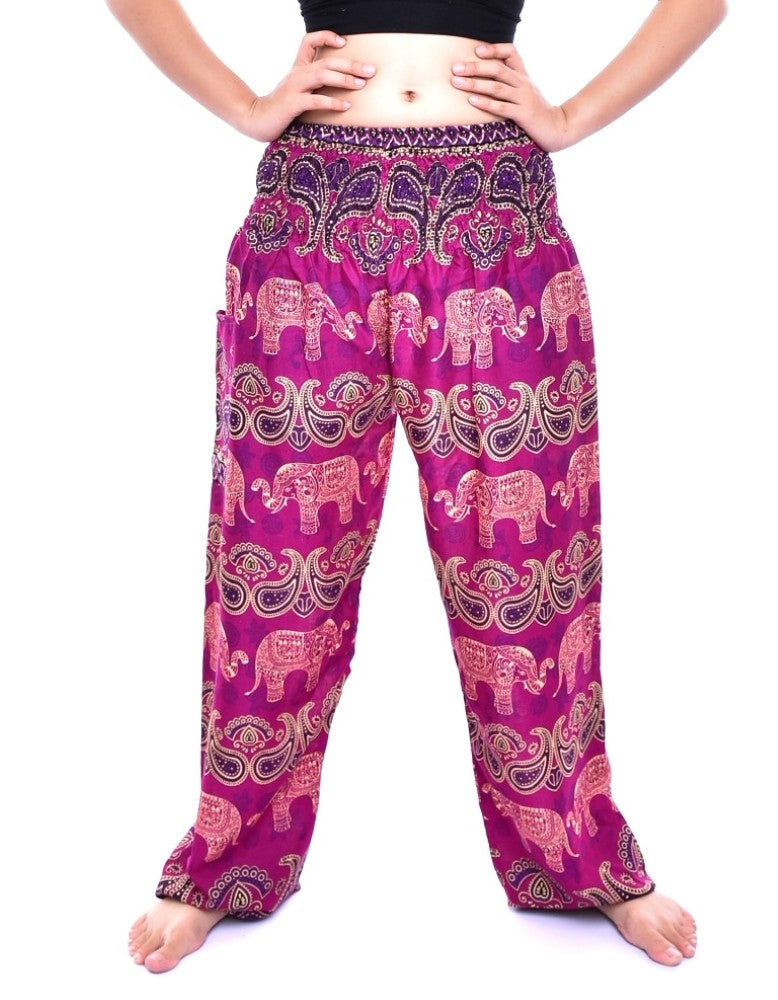 Bohotusk Kids Pink Violet Elephant Grassland Harem Trousers featuring elasticated waist and vibrant colors, perfect for kids' comfort and style.