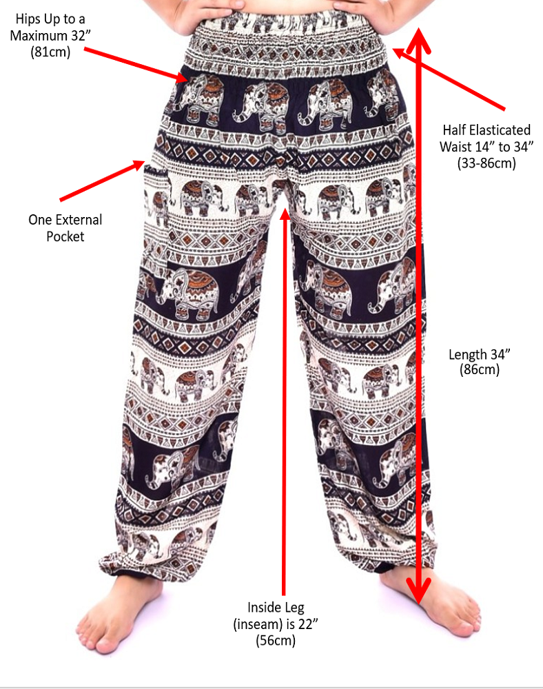 Bohotusk Kids Pink Violet Elephant Grassland Harem Trousers featuring elasticated waist and vibrant colors, perfect for kids' comfort and style.