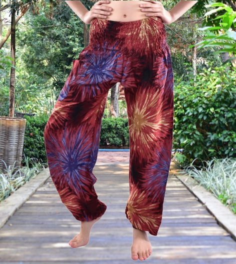 Bohotusk Maroon Firework Print Women's Harem Pants with elasticated waist and ankles, showcasing vibrant colors and a stylish design.