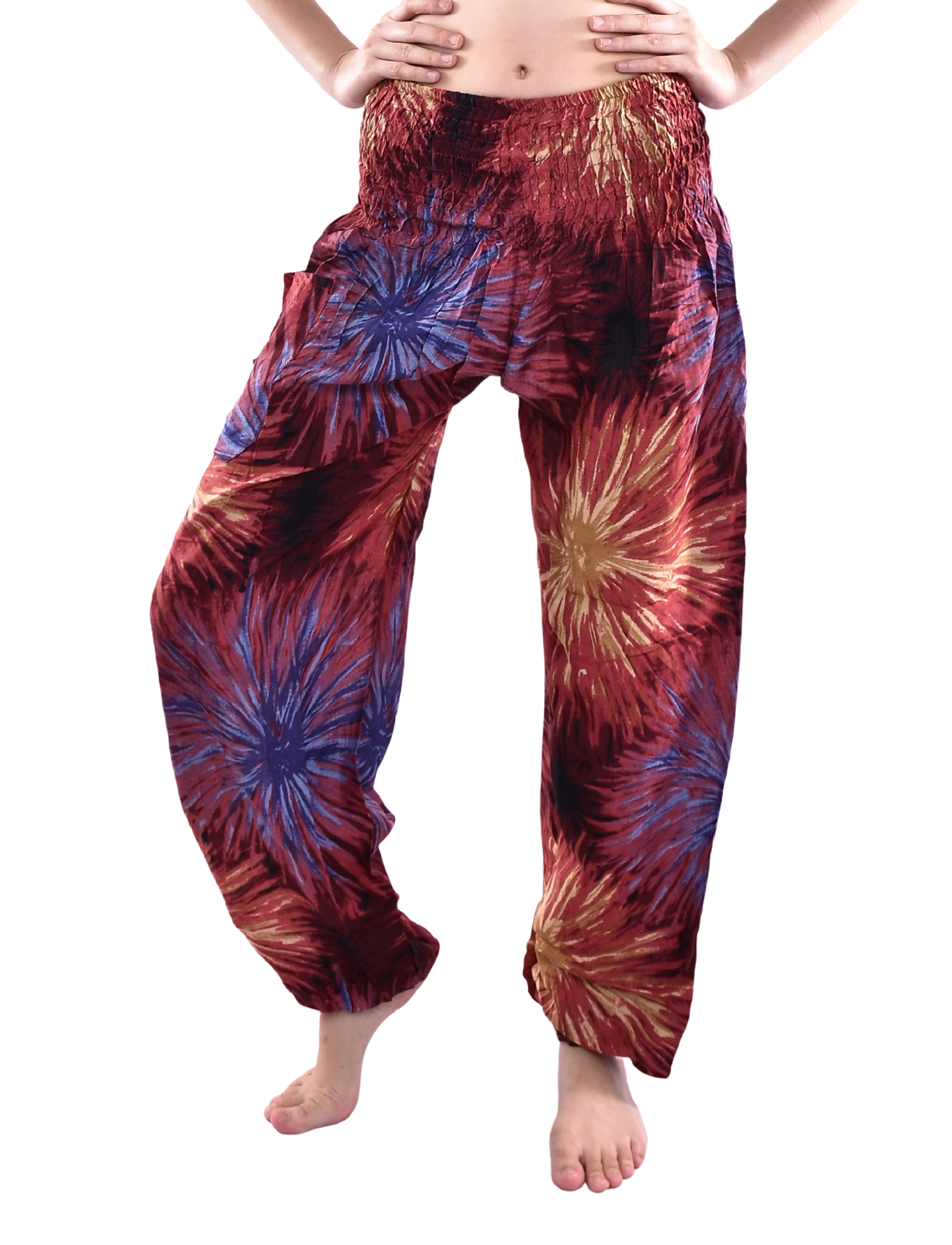 Bohotusk Maroon Firework Print Women's Harem Pants with elasticated waist and ankles, showcasing vibrant colors and a stylish design.