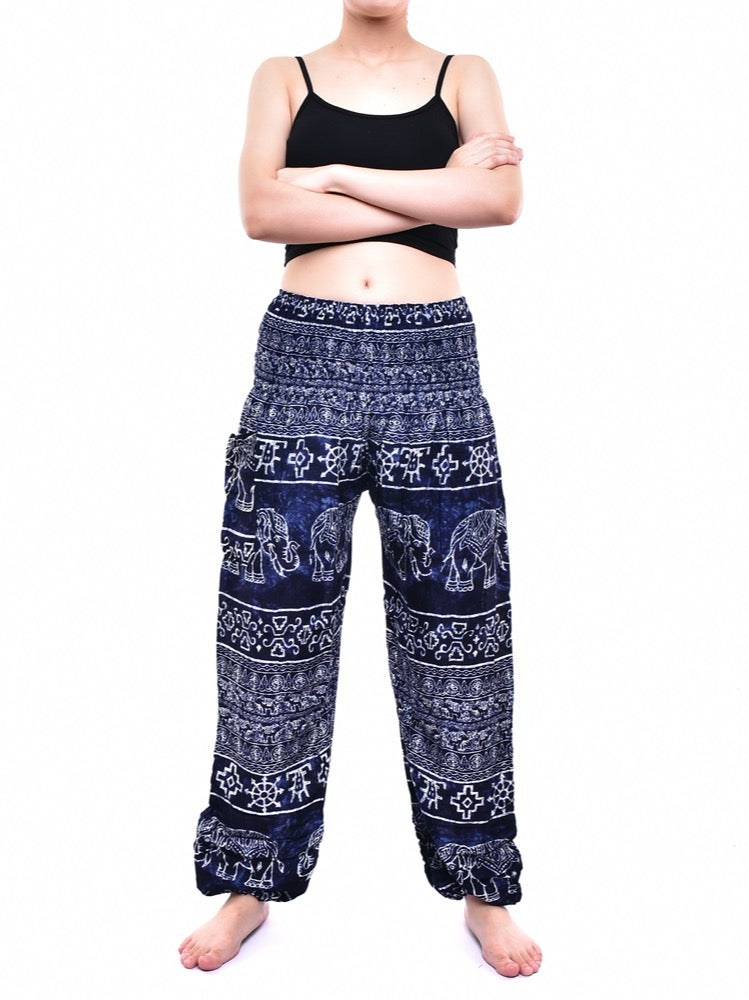 Bohotusk Navy Blue Amboseli Elephant trousers featuring elasticated smocked waist and lightweight fabric, perfect for casual wear and yoga.