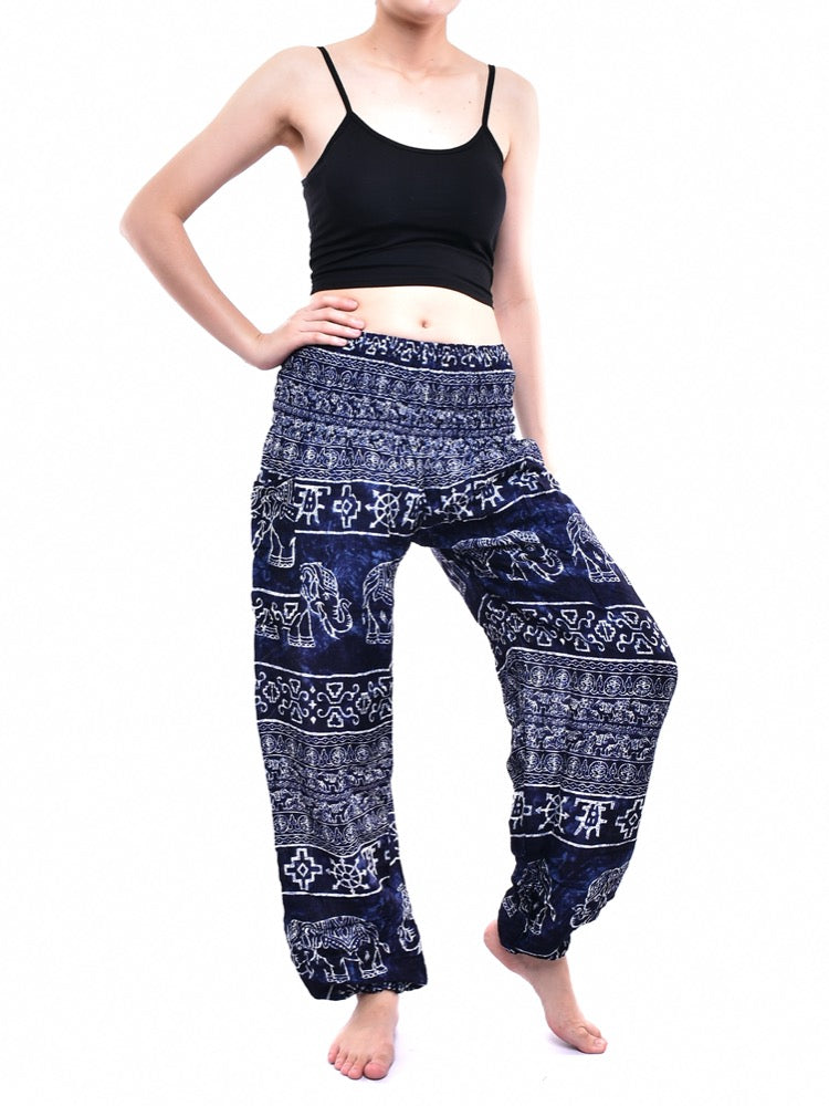 Bohotusk Navy Blue Amboseli Elephant trousers featuring elasticated smocked waist and lightweight fabric, perfect for casual wear and yoga.