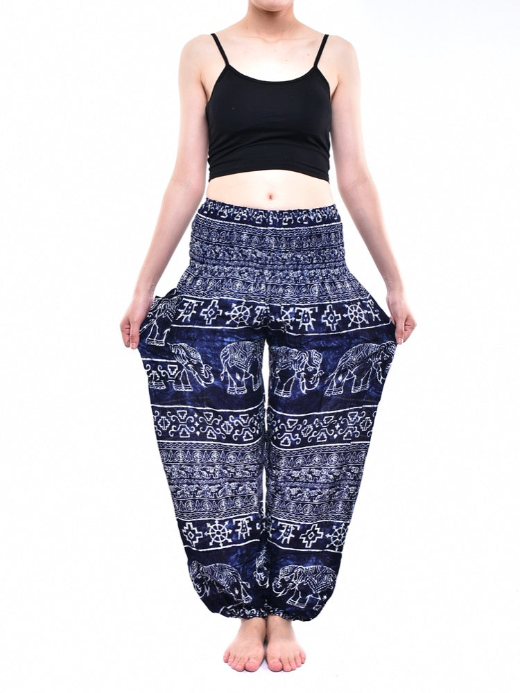 Bohotusk Navy Blue Amboseli Elephant trousers featuring elasticated smocked waist and lightweight fabric, perfect for casual wear and yoga.