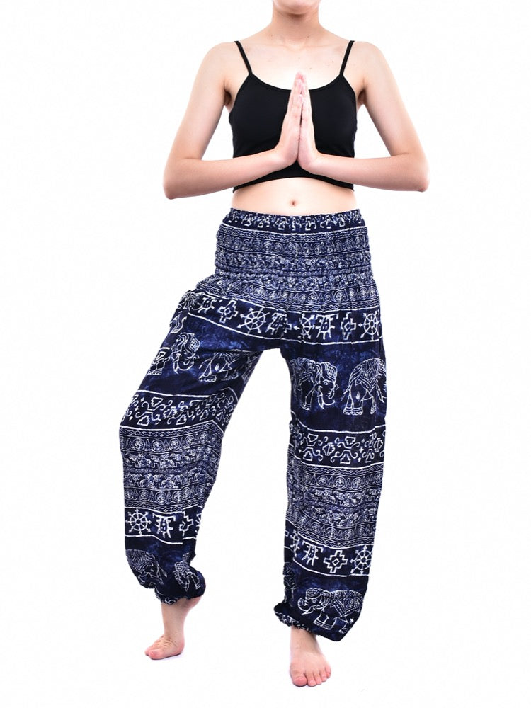 Bohotusk Navy Blue Amboseli Elephant trousers featuring elasticated smocked waist and lightweight fabric, perfect for casual wear and yoga.