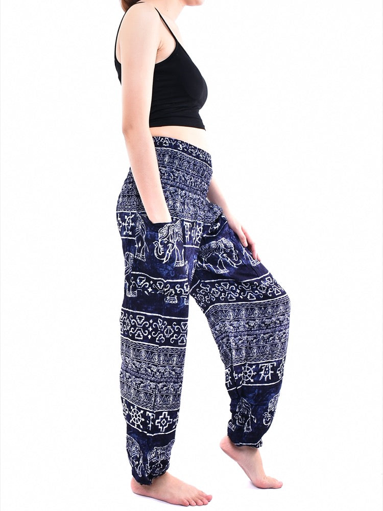 Bohotusk Navy Blue Amboseli Elephant trousers featuring elasticated smocked waist and lightweight fabric, perfect for casual wear and yoga.