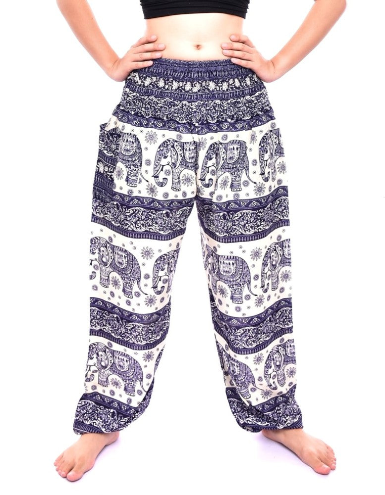 Bohotusk Navy Blue Elephant Herd Print pants with elasticated smocked waist and ankles, showcasing a vibrant elephant print.