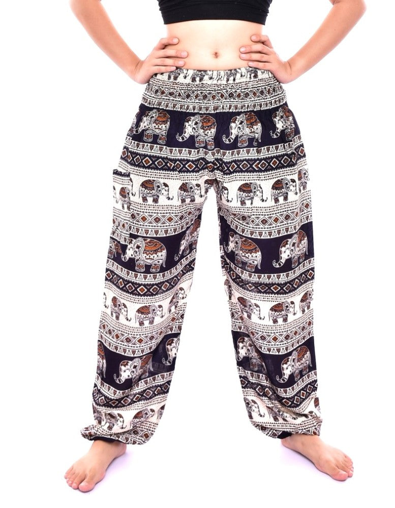 Bohotusk Navy Blue Elephant Savannah Print trousers with elasticated smocked waist, showcasing a vibrant elephant design and comfortable fit.