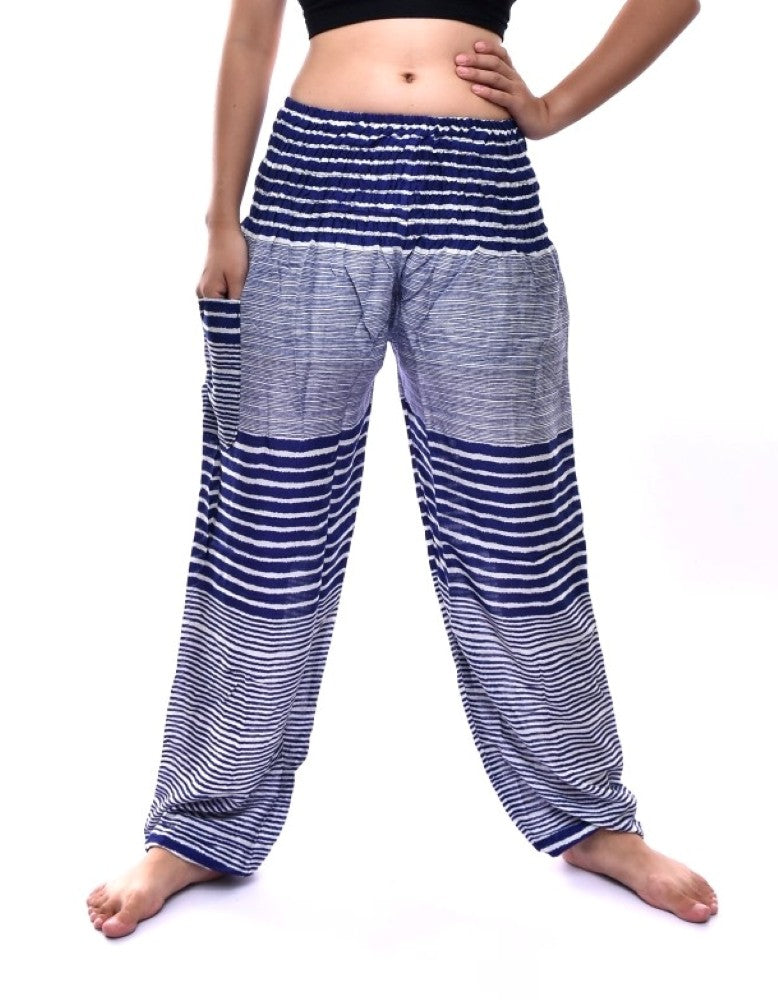 Bohotusk Navy Blue Patch Stripe Print trousers with elasticated smocked waist, showcasing a stylish and comfortable design.