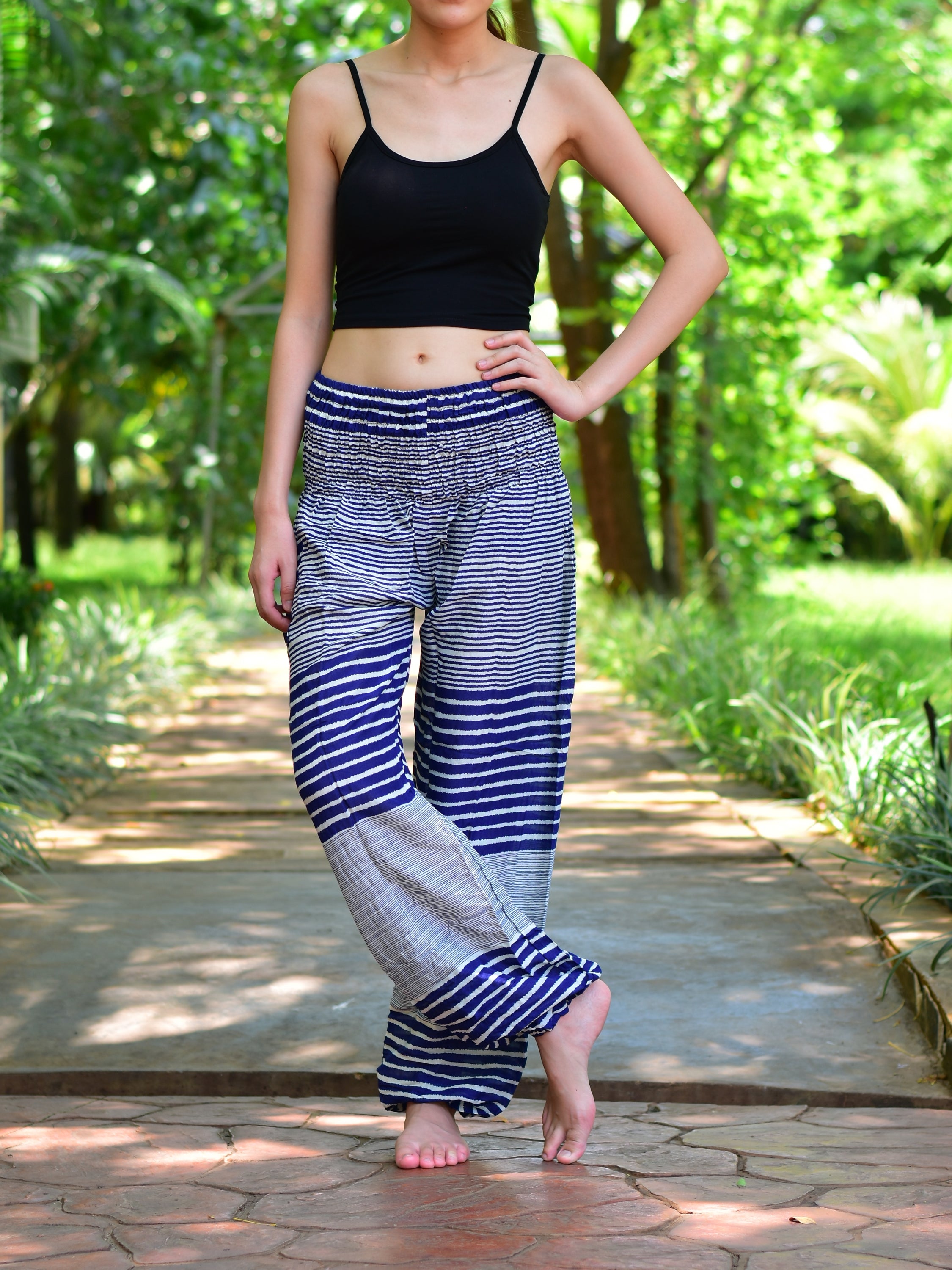 Bohotusk Navy Blue Patch Stripe Print trousers with elasticated smocked waist, showcasing a stylish and comfortable design.