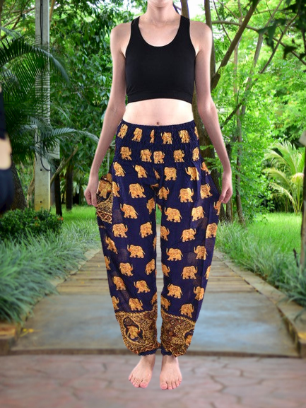 Bohotusk Navy Blue Royal Elephant Print Women's Harem Pants featuring an elasticated waist and vibrant elephant design.
