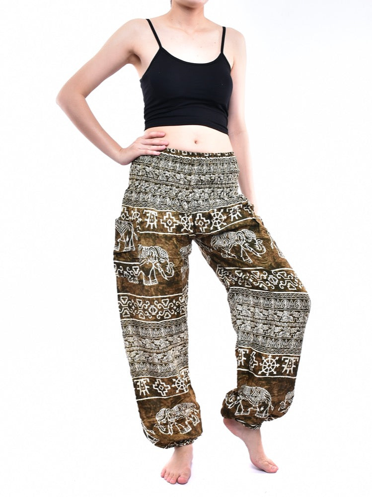 Bohotusk Olive Green Amboseli Elephant Trousers with elasticated smocked waist, showcasing a lightweight and breathable design.